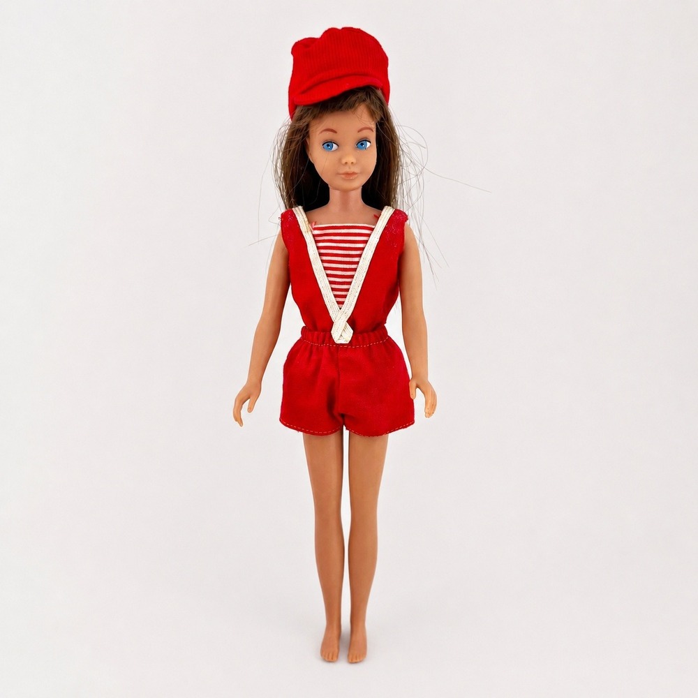Vintage Skipper Doll 1960s Japan Mattel Brunette Red Outfit Blue Eyes 9"